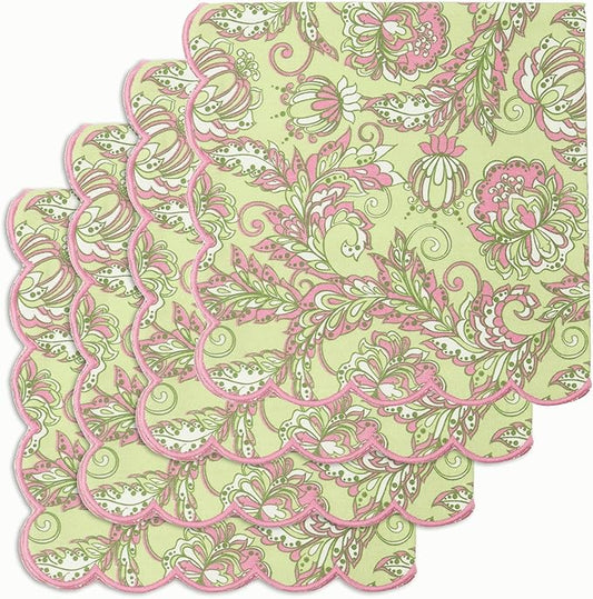 PurpleEssences Scalloped Embroidery Kalamkari Cloth Napkins Christmas Holiday Winter Table Decor 100% Cotton Set of 4-18 x 18 inch - Sage Green Edges - Blush Pink