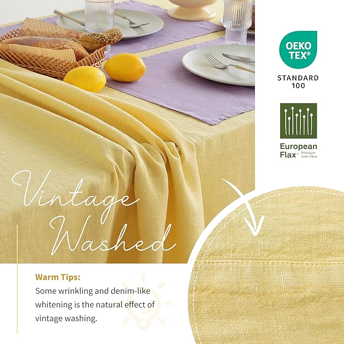 Linen World Vintage Tablecloths 60x108 Inch,100% French Linen Tablecloth,Classic Vintage Washed Table Cloths for Kitchen,Outdoor,Weddings,Decorative Valentine Easter,Mellow Yellow