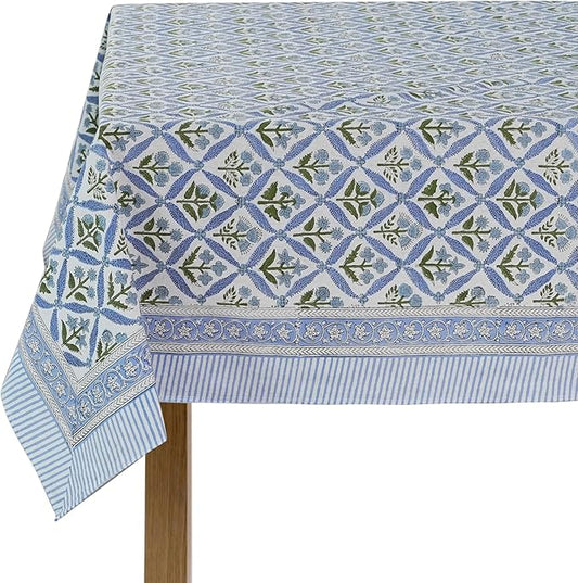 Ridhi Light Steel Blue Hand Block Print Cotton Rectangle Tablecloth 108 x 70 inches Reusable Table Cover Decorative Everyday Use for Dining Room, Farmhouse, Home, Party, Festive & Wedding, Fall