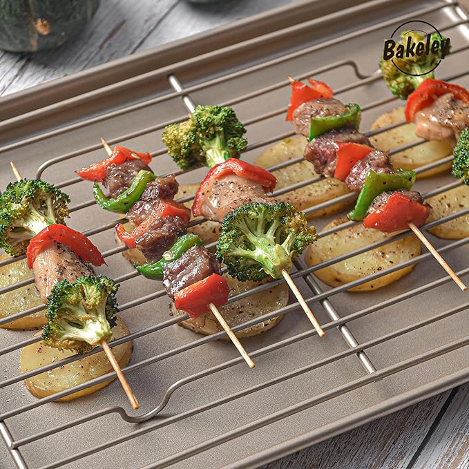 13-inch Baking Sheet Pan with Rack, Non-Stick Rectangular Shallow Dish Sheet Pan with Wire Rack for Oven Baking, BBQ, Jelly Roll and Roasting 13.5" x 9.6" x 1" (Champagne Gold)