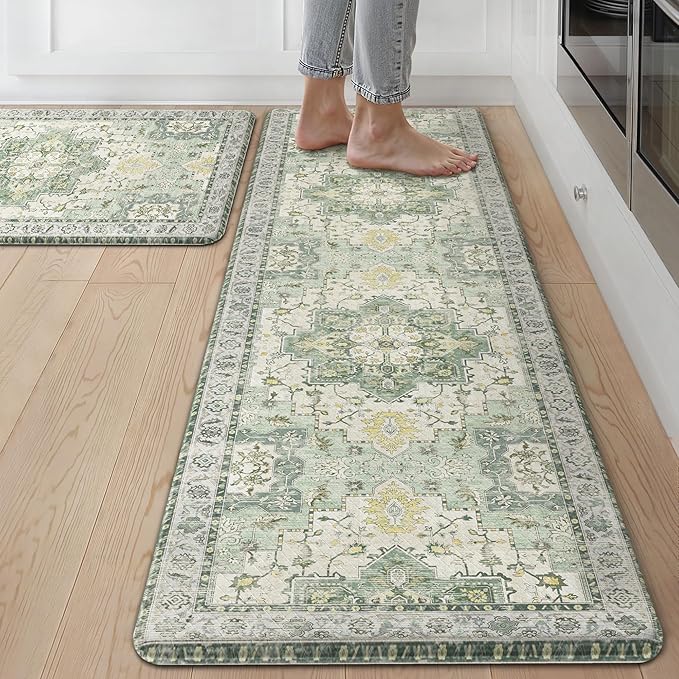GENIMO Kitchen Mats for Floor 2PCs, Washable Anti Fatigue Mat for Cushioned, 17.3"x59"+17.3"x30", Waterproof Kitchen Rugs, Non Slip Comfort Standing Mat Rug for Home, Sink, Laundry, Light Green