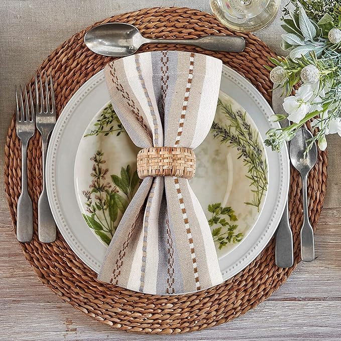 Multi Color Stripes Cotton Hemstich Napkin, Decorative Wedding Cocktail Mashine Washable Dinner Napkins with Mitered Corners - Pack of 12-18x18 Inch - Ivory Multi