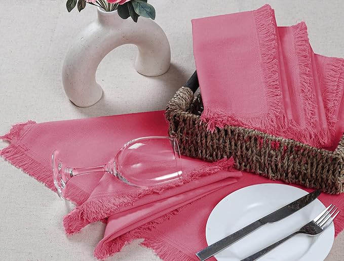 Bedding Craft Cotton Cloth Dinner Napkins Set of 12 – 18x18 Baby Pink with Frayed Selvedge Edges – Reusable Machine Washable Fabric Napkins for Weddings, Baby Showers, Parties & Dining