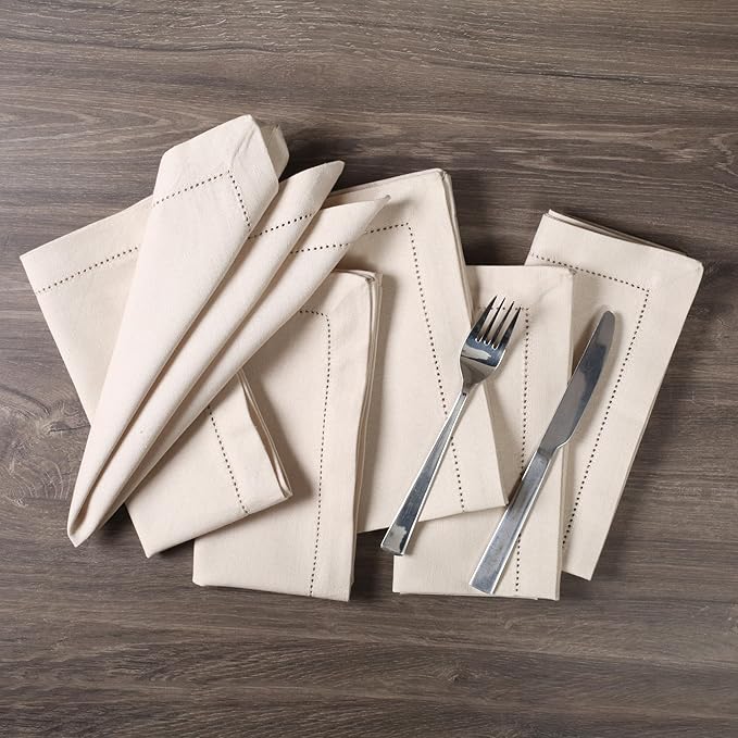 Bedding Craft Cotton Linen Cloth Dinner Napkins Set of 12 – 18x18 Flax Oatmeal Hemstitched – Machine Washable Reusable Fabric Napkins for Weddings, Parties & Events