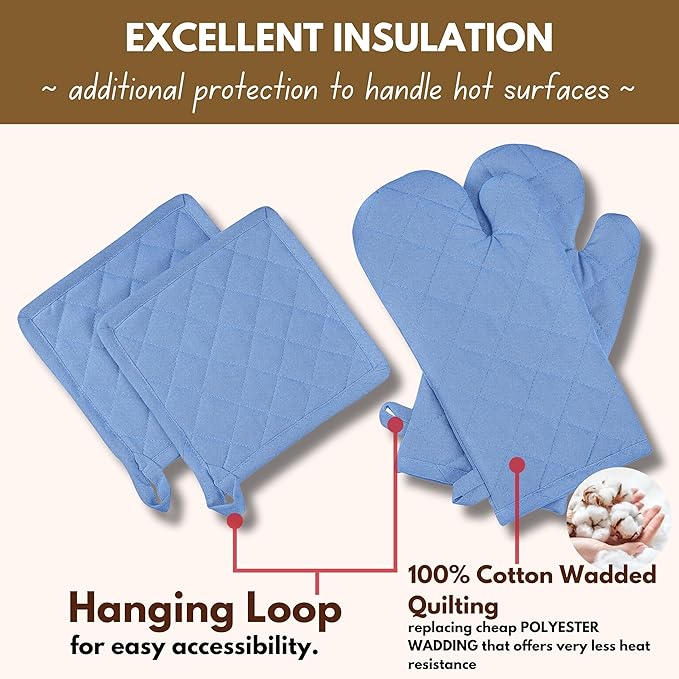 Native Fab Pot Holders and Oven Mitts Sets for Kitchen Heat Resistant - Hanging Non-Slip - 100% Cotton Kitchen Oven Mitts and Pot Holders 4-Piece Set - Blue