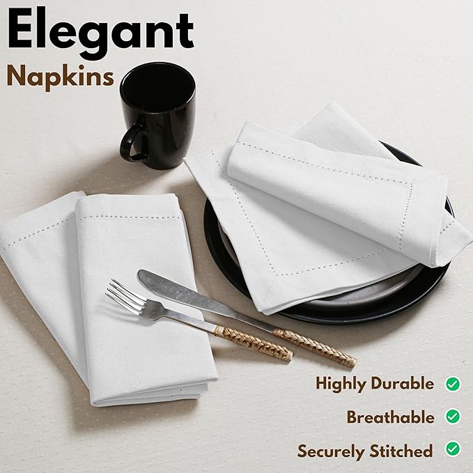 Native Fab Set of 4 Cotton Cloth Napkins, 18x18 inch, Hemstitch Mitered Corners, Soft, Absorbent, Durable Fabric, Premium Linen Napkins for Wedding, Lunch, Dinner, and Everyday Use - White