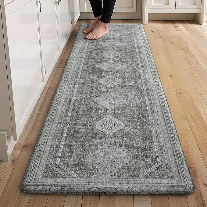 GENIMO Kitchen Mats for Floor, Washable Anti Fatigue Mat for Cushioned, 17.3"x59", Waterproof Kitchen Rugs, Non Slip Foam Comfort Standing Mat Rug for Home, Runner, Sink, Laundry, Grey
