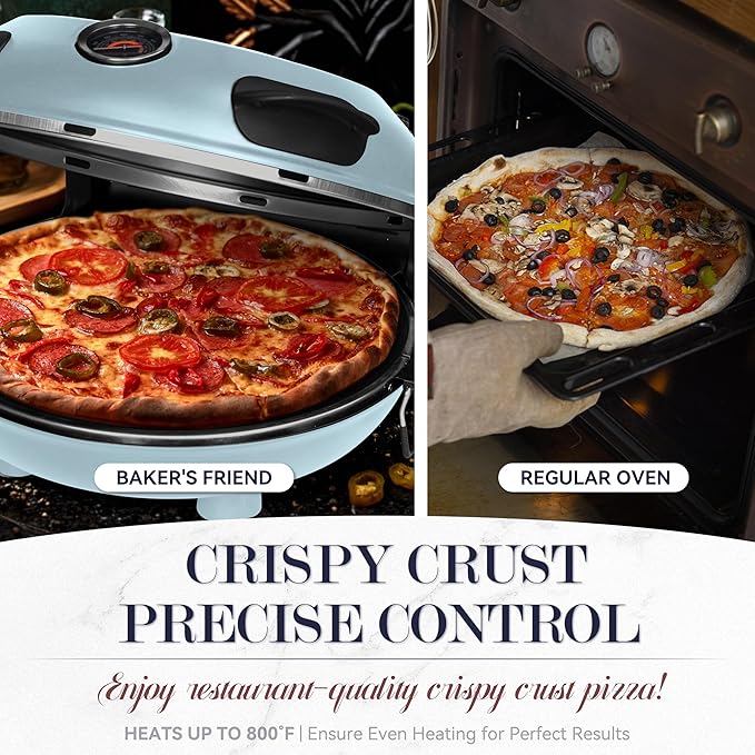 Baker's Friend Electric Pizza Oven Indoor Countertop, 12 Inch Maker Machine for Home, Cooker & Grill, Premium Glazed Ceramic Stone Oven, Pale Blue