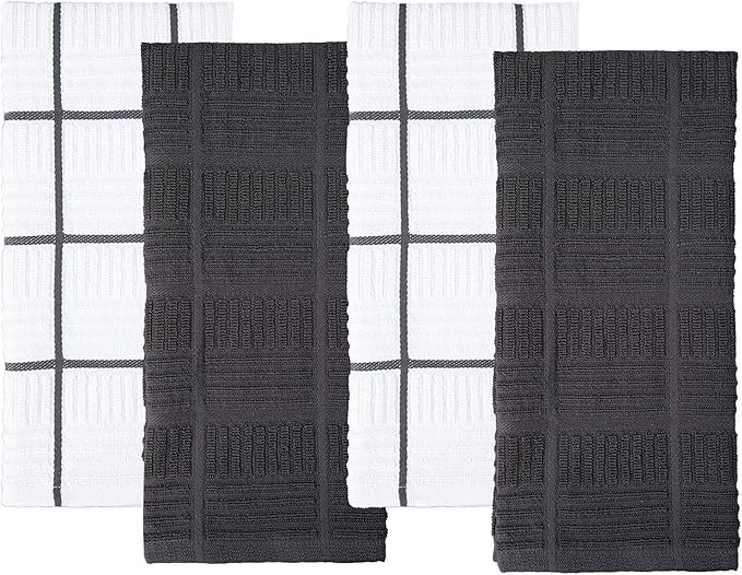 Sticky Toffee Cotton Kitchen Towels Set of 4, Gray and White, 28 x 16 in, Absorbent Reusable Hand and Dish Towels, Tea Towels, Oeko-Tex Certified