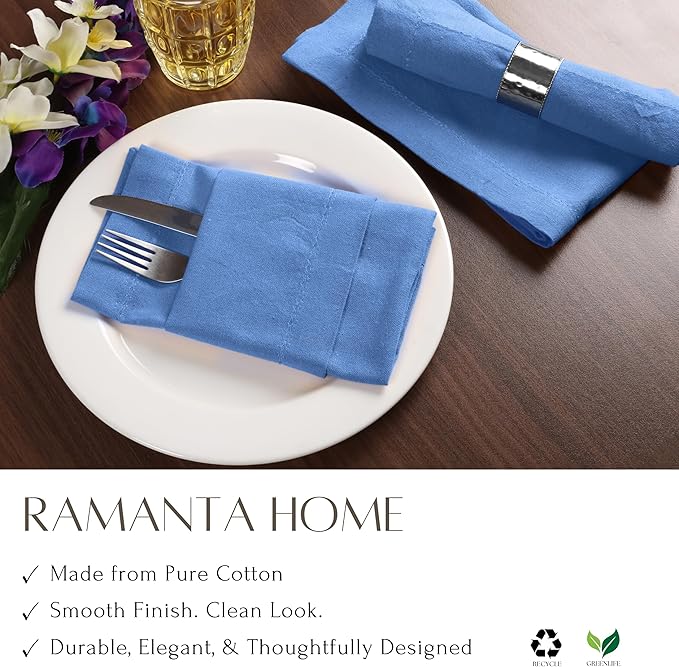 Ramanta Home Light Blue Cotton Dinner Napkins Set of 12 | 100% Cotton 18x18 Inch Cloth Napkins | Reusable Fabric Table Napkins for Everyday Use, Parties, Weddings, Thanksgiving, Christmas, Halloween
