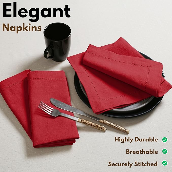 Native Fab Cloth Napkins Set of 4, Hemstitched Edges 100% Cotton, Washable Fabric Napkins 18x18 inch, Soft & Absorbent, Reusable Linen Napkins for Dinner, Table Dining, Events, Party - Red