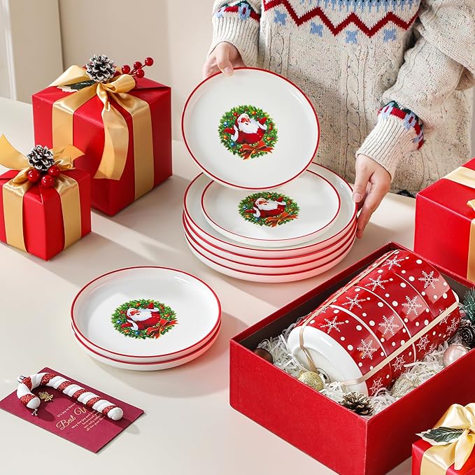 MALACASA Plates and Bowls Sets, 12 Pieces Christmas Porcelain Dinnerware Set for 4, Ceramic Dishware Dishes Kitchen Dinner Dining Ware Set, Microwave and Dishwasher Safe, Series LUNA-Santa Claus