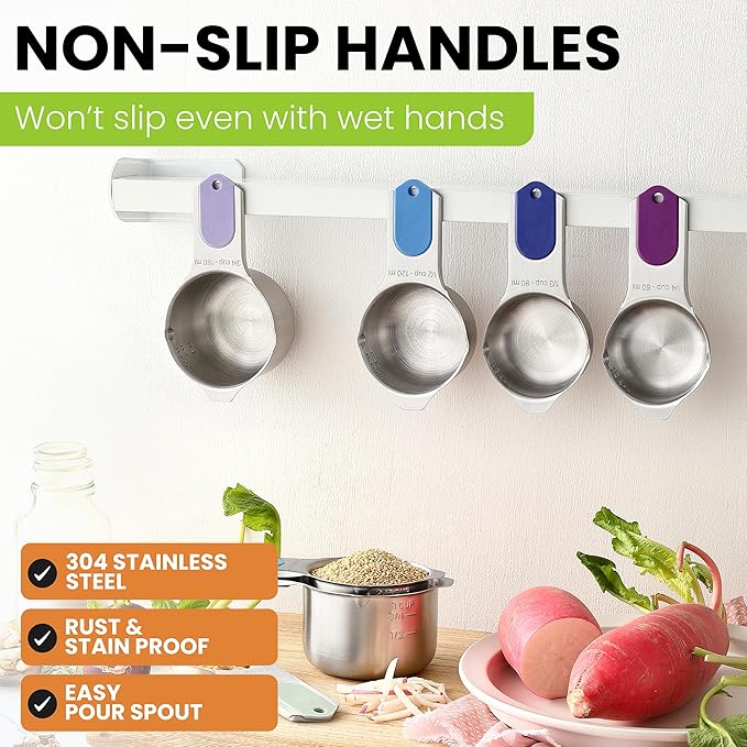 Spring Chef Magnetic Stainless Steel Measuring Cups, Patented, Kitchen Tools with Easy to Read Markings for Measuring Dry or Liquid Ingredients, Set of 7, Winter Frost