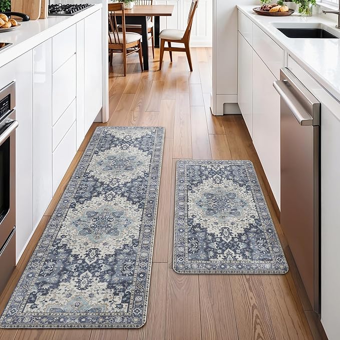 GENIMO Kitchen Mats for Floor 2PCs, Washable Anti Fatigue Mat for Cushioned, 17.3"x59"+17.3"x30", Waterproof Kitchen Rugs, Non Slip Comfort Standing Mat Rug for Home, Sink, Laundry, Center Blue