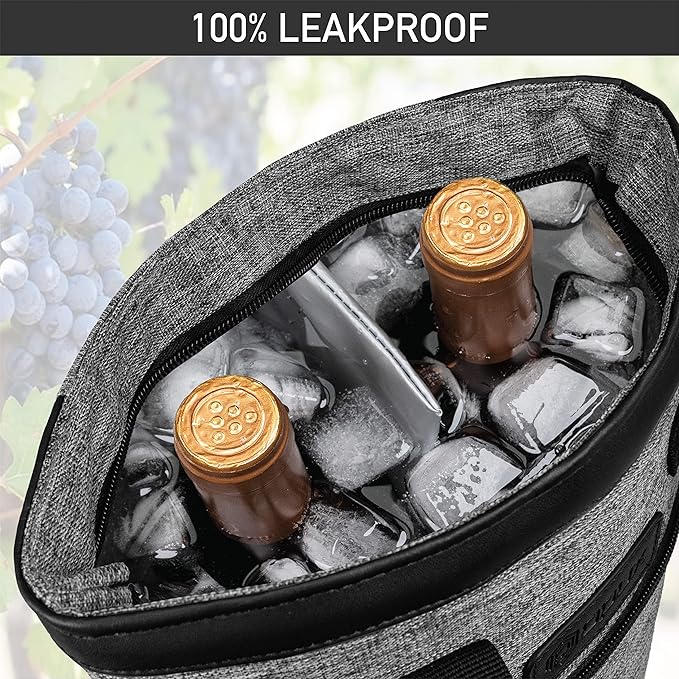 opux Two Bottle Wine Bag Carrier Tote, Insulated Leakproof 2 Bottle Wine Cooler Bag for Travel BYOB Picnic, Portable Wine Case, Gift for Men Women Wine Lover Birthday Party Christmas, Heather Grey