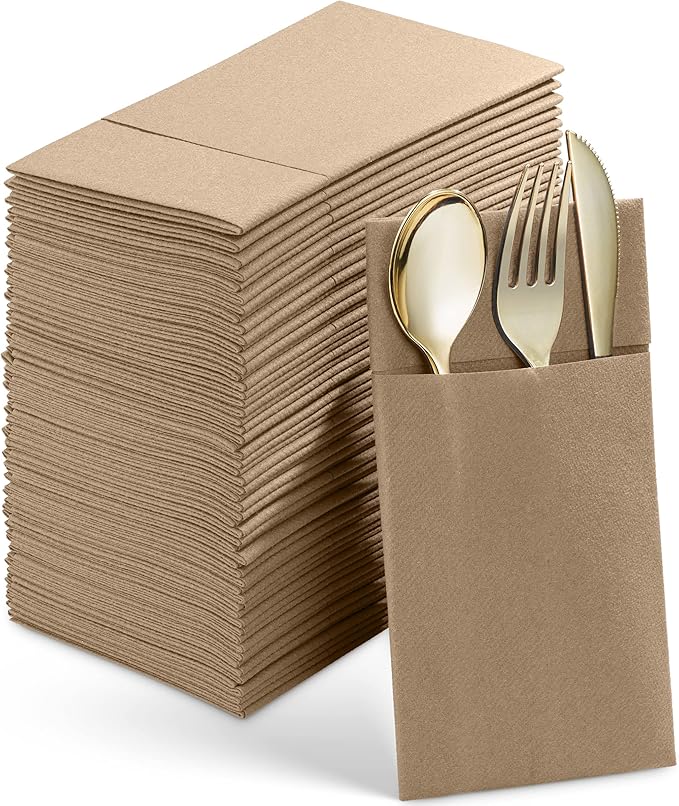 50-Pack Disposable Linen-Feel Dinner Napkins With Built-in Flatware Pocket, WOOD Prefolded Cloth Like Paper Napkins For Wedding, Dinner Or Party