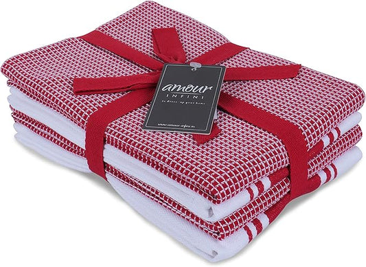 AMOUR INFINI Cotton Kitchen Towels Set of 4 Highly Absorbent, Ultra Soft Waffle Weave Tea Towel with Hanging Loop - 20x28 Inch Quick Drying Dish Cloths for Cleaning (Red)