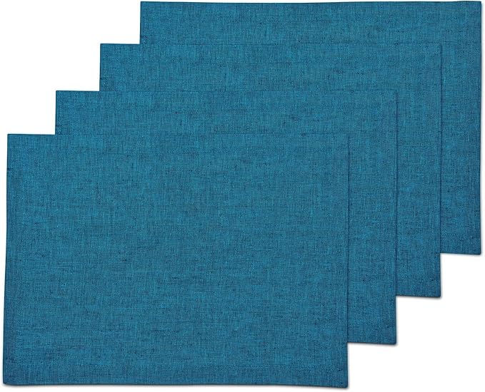 Solino Home Linen Placemats Set of 4 - Chambray Teal Placemats 14 x 19 Inch - 100% Pure Linen Table Mats for Fall, Autumn, Thanksgiving - Athena