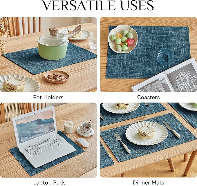 Softalker Faux Linen Placemats Set of 4-12 x 18 Inch, Heat Resistant Double Layered Durable Burlap Farmhouse Place Mats, Non-Slip Washable Rustic Table Mats for Dining, Kitchen, Party（Teal
