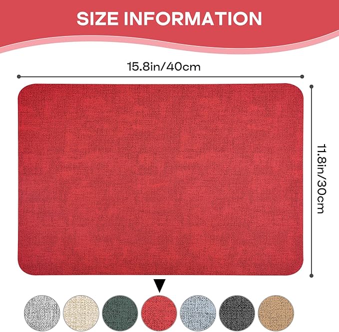 Vinly Placemats Set of 6 - Waterproof Wipeable Faux Leather Table Place Mats Heat Resistant Anti Slip Table Mats for Dining, Indoor, Outdoor, 15.8" x 11.8" (Retro red)