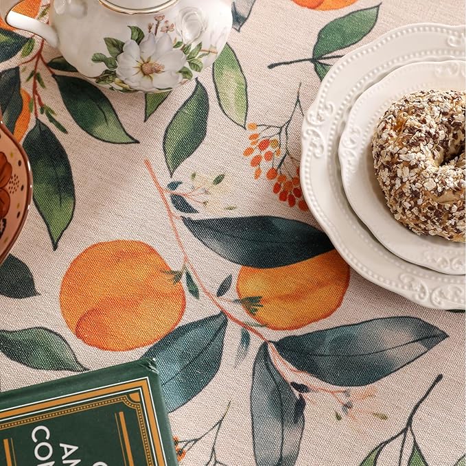 patdrea Designer Orange Tablecloth for Round Tables,Framhouse Linen Oranges and Leaves Tree Pattern Linen Tablecloth,Fall Fruit Table Cover Cloth Decor for Kitchen Dining Christmas,Diameter 55"