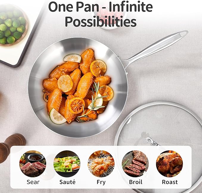 LOLYKITCH 12 Inch Tri-Ply Stainless Steel Frying Pan,Skillet,Induction Cooking Pan,Dishwasher and Oven Safe,Heavy Duty and Detachable Handle.