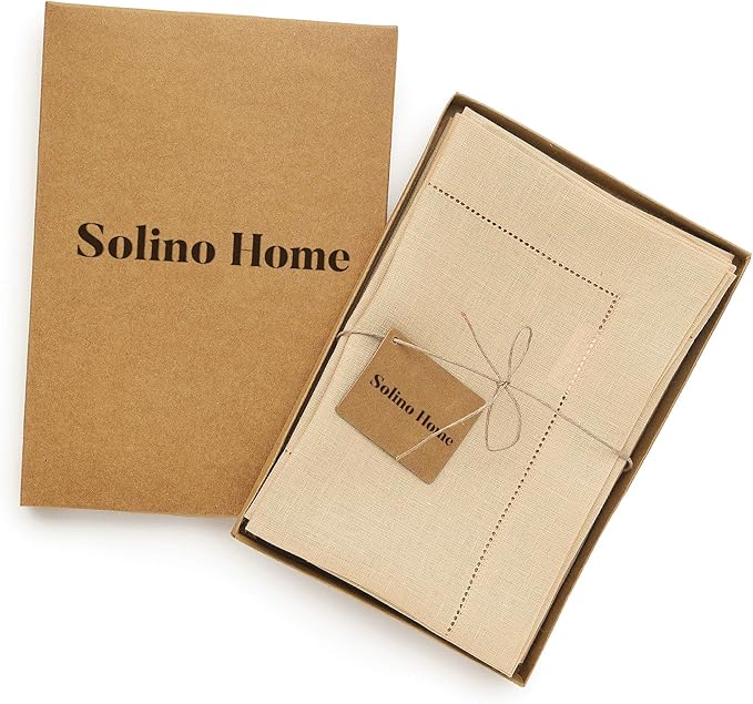 Solino Home Linen Napkins Set of 4 - Classic Hemstitch 100% Pure Linen Beige Dinner Napkins Cloth 20 x 20 Inch for Fall, Autumn, Thanksgiving, Christmas - Handcrafted and Machine Washable