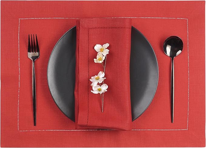 D'Moksha Homes Linen Placemats Set of 8 - Classic Hemstitch Bright Red Placemats 14 x 19 Inch - 100% Pure Linen Table Mats for Fall, Thanksgiving, Christmas, Holiday - Handcrafted and Machine Washable