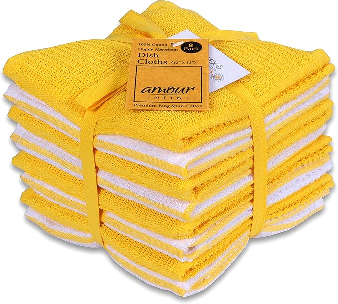 AMOUR INFINI Dish Cloths for Washing Dishes Set of 8 - Highly Absorbent, Super Soft Kitchen Dishcloths - Reusable Quick Dry Dish Rags for Cleaning & Drying Kitchen Linens (12x12 Inch - Yellow)