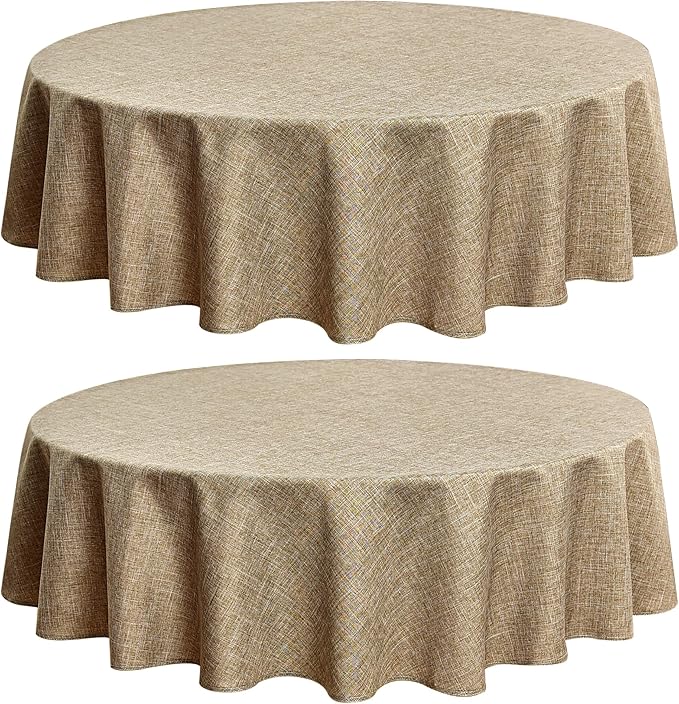 Fitable Faux Linen Round Tablecloths 60 Inch in Diameter - 2 Pack Faux Burlap Table Clothes for Kitchen, Dining Room, Party, Farmhouse, Outdoor (Great for 20"-48" Round Tables, Khaki)