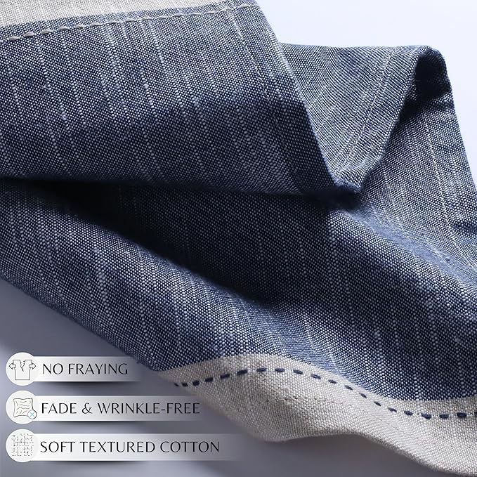 Ramanta Home Cloth Napkins Set of 4 Textured Cotton 18x18 - Premium Contrast Border Thanksgiving Dinner Napkins for Christmas Farmhouse Wedding, Soft Washable Table Linen for Everyday Use - Denim Blue