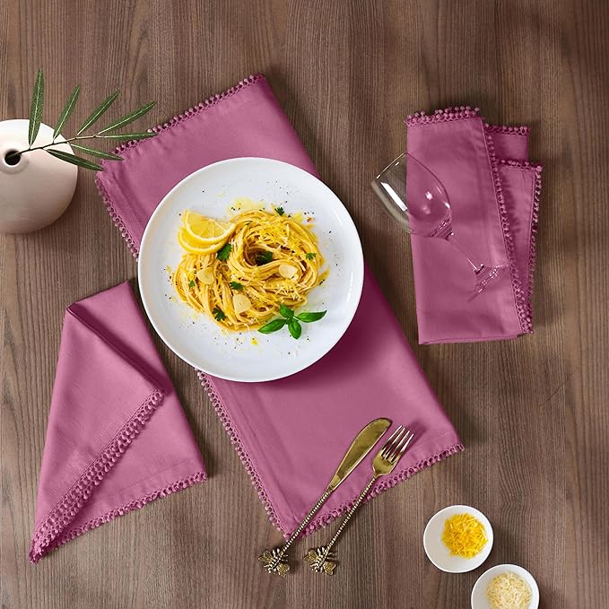 Bedding Craft Cotton Cloth Dinner Napkins Set of 12 – 18x18 Wild Orchid Pink with Decorative Lace Selvedge – Elegant Machine Washable Fabric Napkins for Weddings, Parties, Baby Showers & Table Décor