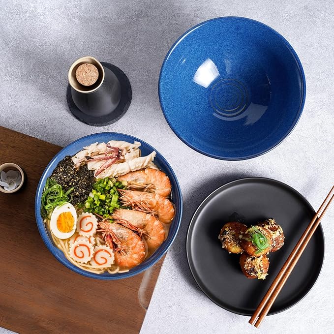 NUTRIUPS 8 Inch Ceramic Ramen Bowl Set of 2 Pho Bowls 40oz Japanese Noodle Udon Soup Bowls with Spoons and Chopsticks (Sapphire Blue)