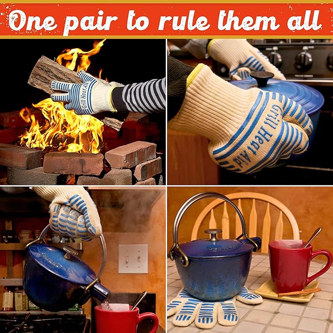 GRILL HEAT AID BBQ Grill Gloves 1472°F - Extreme Heat Resistant Oven Mitts for Grilling, Smoker & Fire Pit with Silicone Grip & EN407 Cut Resistance - Mid Cuff (Small Palm), White & Blue