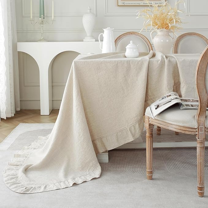 Linen World Ruffle Linen Tablecloth, 100% French Linen Natural Tablecloth 90" x 60" Inch, Washable Rectangular Tablecloth for Dining, Outdoor, Weddings and Restaurants, Decorative Valentine Easter