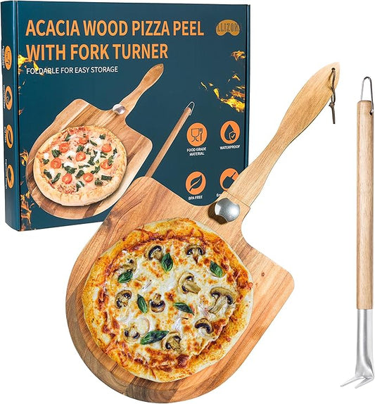 Acacia Wood Pizza Peel & Spinner Fork Set – Folding Handle Paddle, Pizza Oven Accessories for Homemade Pizza Making