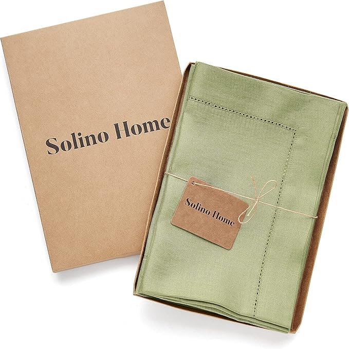 Solino Home Linen Napkins Set of 4 - Classic Hemstitch 100% Pure Linen Moss Green Dinner Napkins Cloth 20 x 20 Inch for Fall, Autumn, Thanksgiving, Winter - Handcrafted and Machine Washable