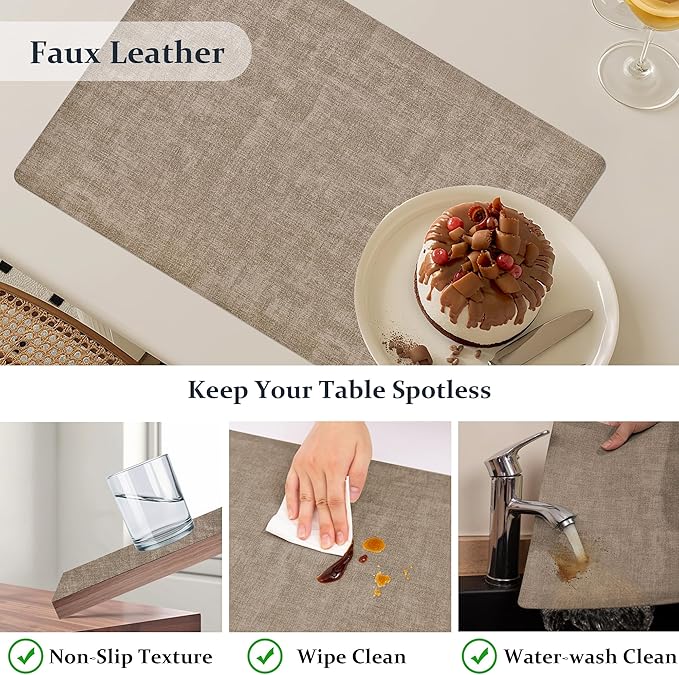 FROMHEART Faux Leather Placemats Set of 12–Waterproof,Heat/Oil Stain-Resistant PU Table Mat–Reversible,Non-Slip,Easy to Clean Place Mats for Kitchen,Dining,Indoor/Outdoor,(Light Coffee,11.8" x 17")