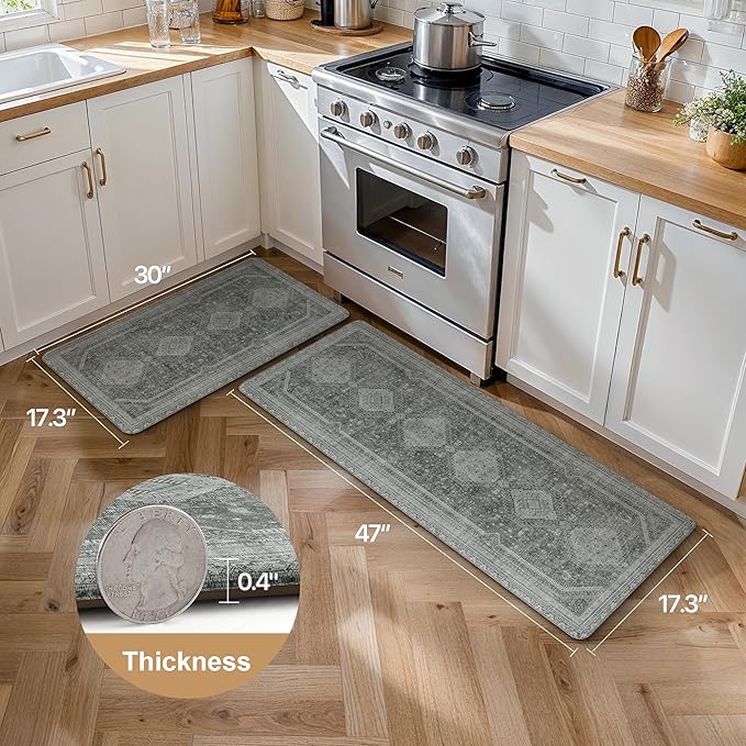 GENIMO Kitchen Mats for Floor 2PCs, Washable Anti Fatigue Mat for Cushioned, 17.3"x47"+17.3"x30", Waterproof Kitchen Rugs, Non Slip Comfort Standing Mat Rug for Home, Sink, Laundry, Grey