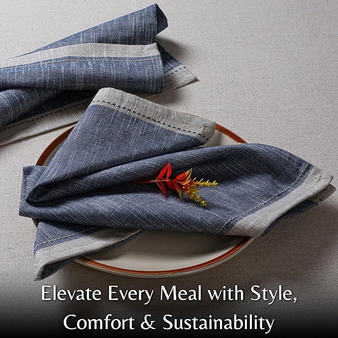 Ramanta Home Cloth Napkins Set of 4 Textured Cotton 18x18 - Premium Contrast Border Thanksgiving Dinner Napkins for Christmas Farmhouse Wedding, Soft Washable Table Linen for Everyday Use - Denim Blue