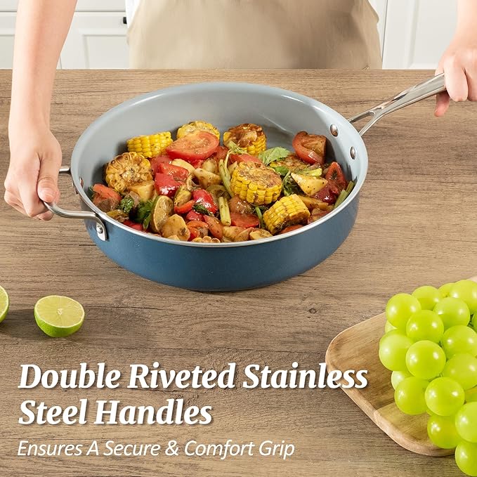 Nonstick Sauté Pan with Lid 5 QT Deep Frying Pan with Stainless Steel Helper Handle 12 inch Large Skillet Ceramic Jumbo Cooker for Healthy Cooking, Induction Compatible Cookware, PFOA Free