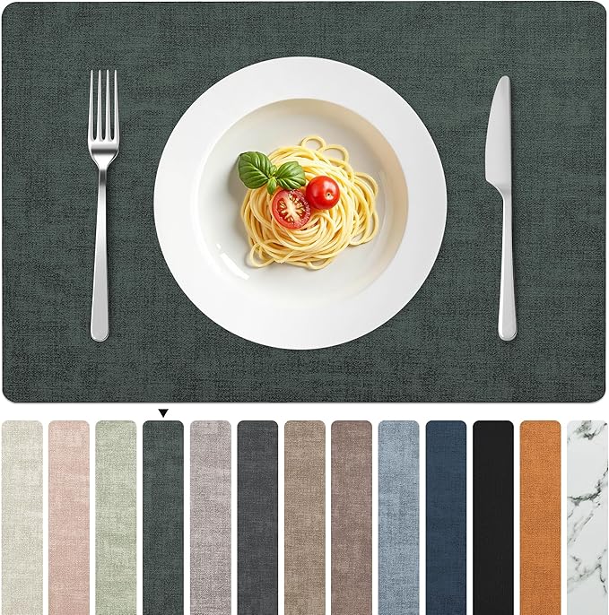 FROMHEART Faux Leather Placemats Set of 8–Waterproof,Heat/Oil Stain-Resistant PU Table Mat–Reversible,Non-Slip,Easy to Clean Place Mats for Kitchen,Dining,Indoor/Outdoor,(Dark Green,11.8" x 17")