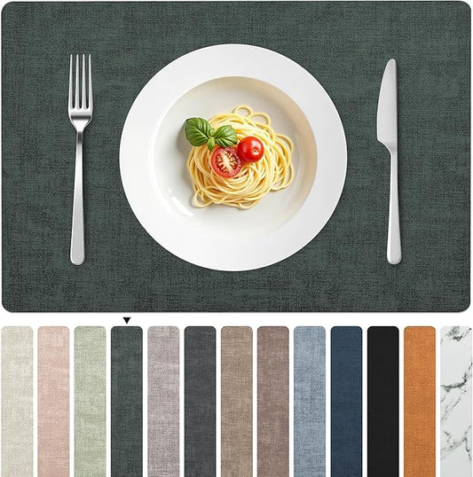 FROMHEART Faux Leather Placemats Set of 8–Waterproof,Heat/Oil Stain-Resistant PU Table Mat–Reversible,Non-Slip,Easy to Clean Place Mats for Kitchen,Dining,Indoor/Outdoor,(Dark Green,11.8" x 17")