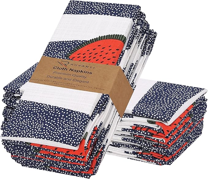 RUVANTI Cloth Napkins Set of 12 Cotton 100%, 18x18 Inches Napkins Cloth Washable, Soft, Absorbent. Cotton Napkins for Parties, Christmas, Thanksgiving, Weddings, Dinner Napkins Cloth - Watermelon