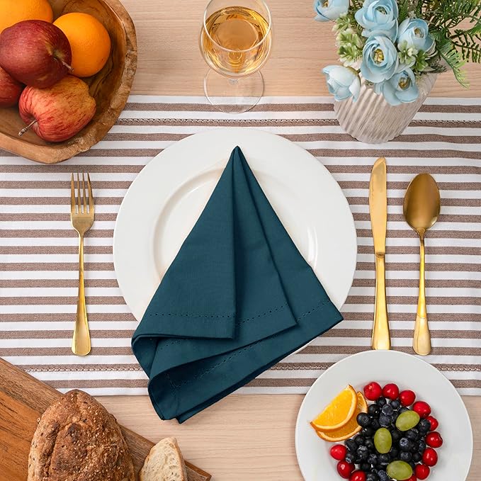 Blue Needles Set of 12 Hemstitch Linen Napkins 100% Cotton Crystal Teal Cloth Dinner Napkins 18x18 inches, Soft Reusable Absorbent Washable, Ideal for Fall Thanksgiving Events, Parties & Everyday Use