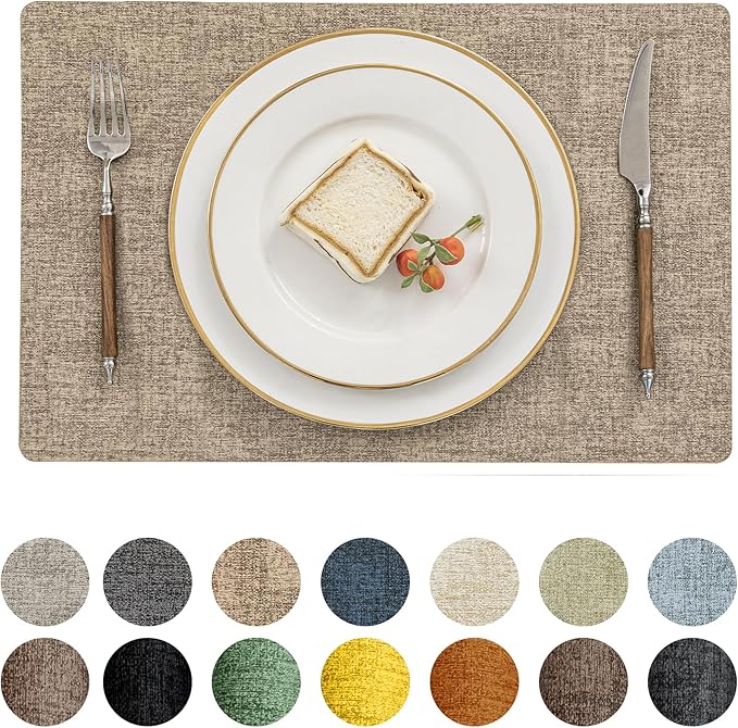 Romanstile Vinyl Placemats Set of 6-12 X 18 Inch - Heat Resistant Place Mats 100% Waterproof Oilproof Wipeable Reversible Faux Leather Table Mats for Kitchen/Dining/Party/Outdoor, Khaki