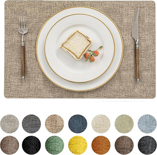 Romanstile Vinyl Placemats Set of 4-12 X 18 Inch - Heat Resistant Place Mats 100% Waterproof Oilproof Wipeable Reversible Faux Leather Table Mats for Kitchen/Dining/Party/Outdoor, Khaki