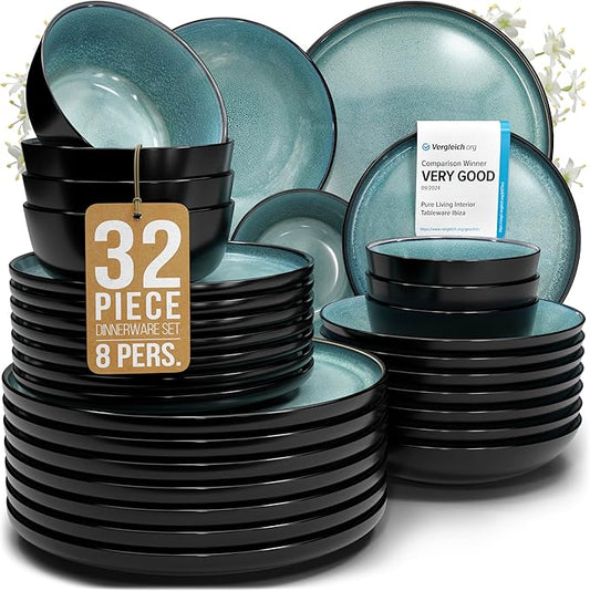 32 Piece Dinnerware Sets for 8 - Modern Style Stoneware Dinnerware Set - Scratch Resistant, Dishwasher Safe Plates and Bowls Sets Ceramic, Dish Set, Bowl and Plate Set - Black and Petrol Blue…