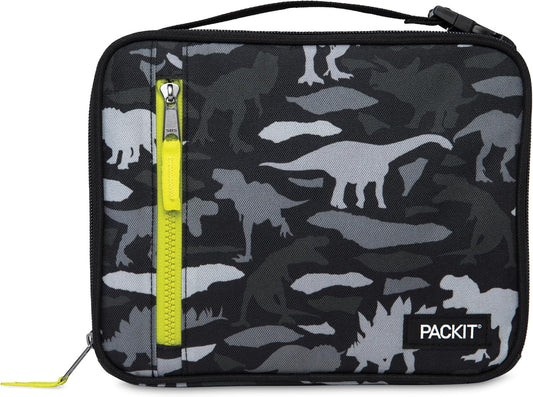 PackIt Freezable Classic Lunch Box, Dino Camo Charcoal, Built with EcoFreeze Technology, Collapsible, Reusable, Zip Closure With Zip Front Pocket and Buckle Handle, Designed for Lunches