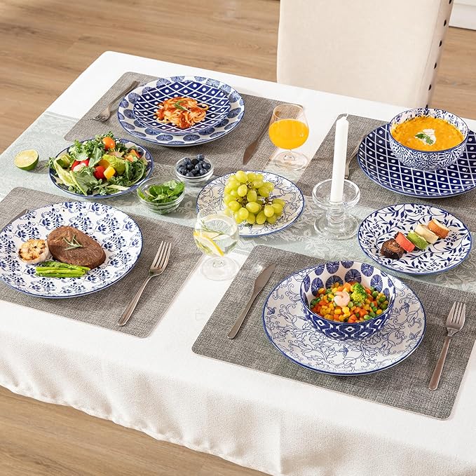 Sweejar 18 Pieces Ceramic Dinnerware Sets, Handmade Plates and Bowls Sets, Highly Scratch Resistant Dishes Set for Kitchen,Porcelain Dishwasher & Microwave Safe Dishes Set,Service for 6 (Vintage Blue)